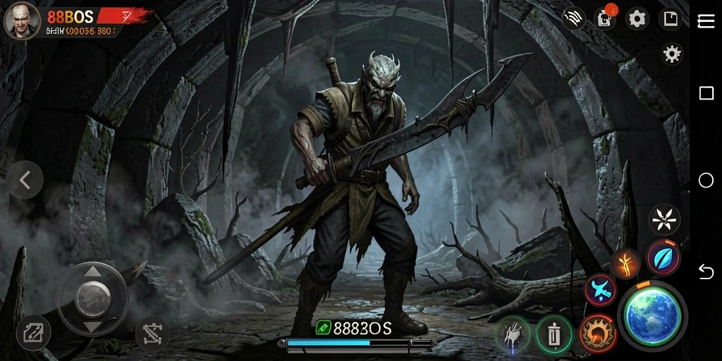 Screenshot 88BOS menampilkan lingkungan gelap dan kengerian yang mengintai.