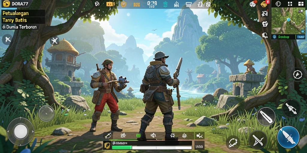 Screenshot gameplay DORA77 menampilkan eksplorasi dalam dunia terbuka yang luas.