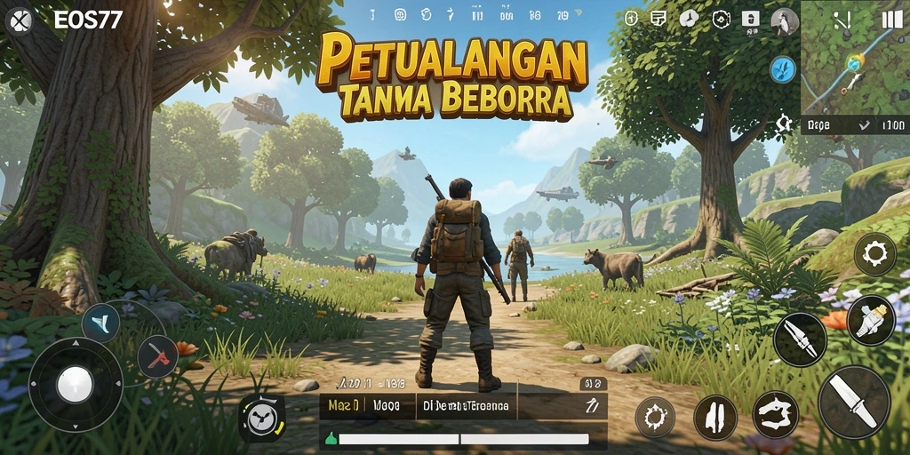 Tampilan gameplay EOS77 menampilkan dunia terbuka yang luas dan dinamis.