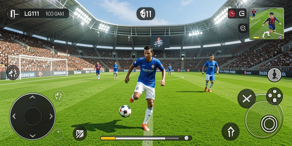 Screenshot gameplay LG111 menampilkan aksi seru dalam pertandingan sepak bola.