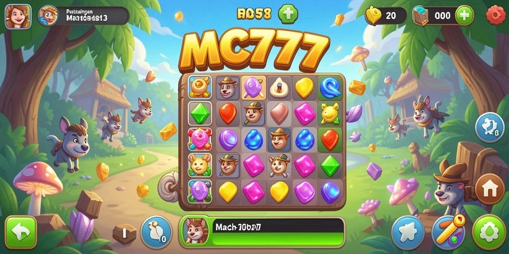 Tangkapan layar MC777 menunjukkan aksi permainan Match-3 yang seru.