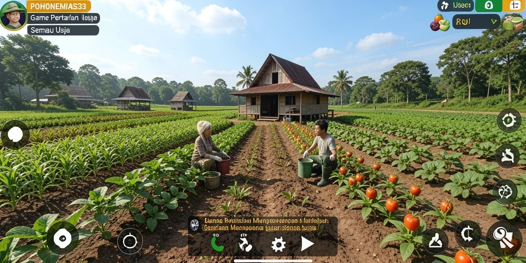 Tangkapan layar <strong>POHONEMAS33</strong> menunjukkan pemain merawat kebun yang subur dan hewan ternak.