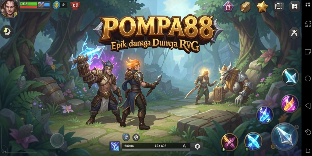 Screenshot utama menunjukkan pertempuran epik di dunia RPG POMPA88.