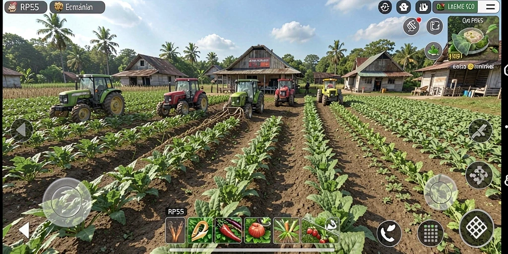 Tampilan menarik dari gameplay RP55 yang menampilkan aktivitas pertanian.