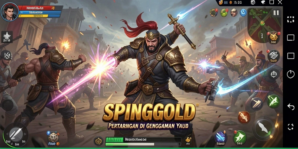Screenshot gameplay SPINGOLD memperlihatkan pertarungan seru dan karakter unik.